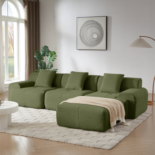 113" Modern L-Shaped Modular Sectional Sofa for Living Room, Corduroy Upholstery Green, Oversized 3-Seater Couch with Deep Seat and Movable Ottoman – No Assembly image 1