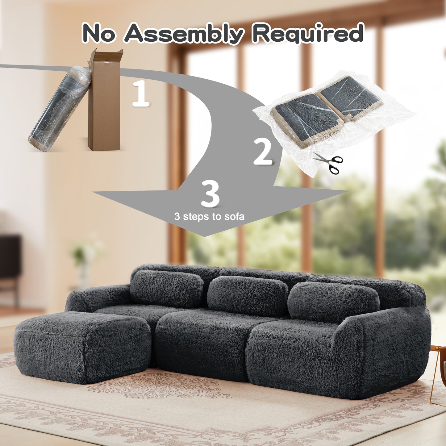 L-shaped Soft And Fluffy Plush Fabric,Boneless Sofa,With Throw Pillows 32D High Density Sponge,No Assembly Required Bottom,Anti-Slip Design Buckle Connection,Movable Ottoman For Living Room,Dark Grey image 11