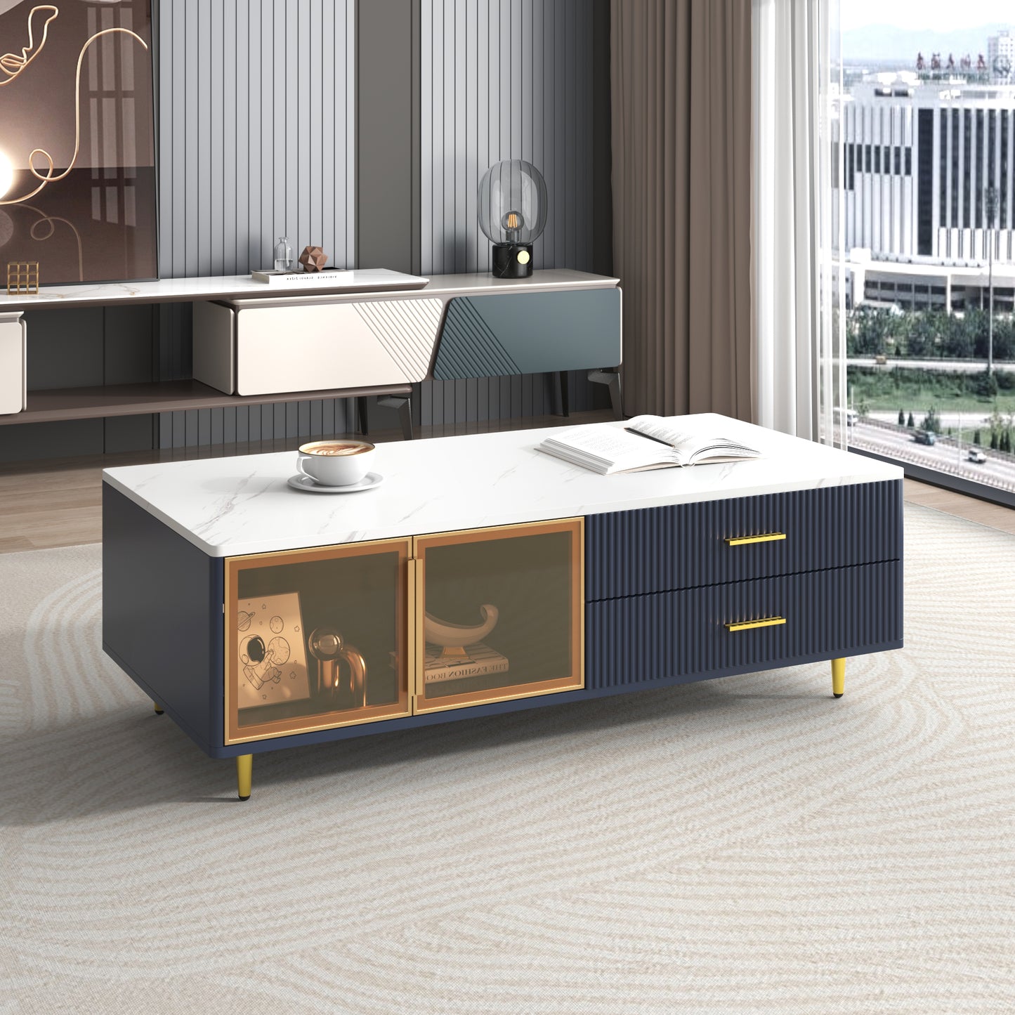 Modern Navy Blue Coffee Table with 2 Glass Door Storage, 4 Drawers, Gold Metal Legs, and Multi-Color Lighting in 47.2'' image 2