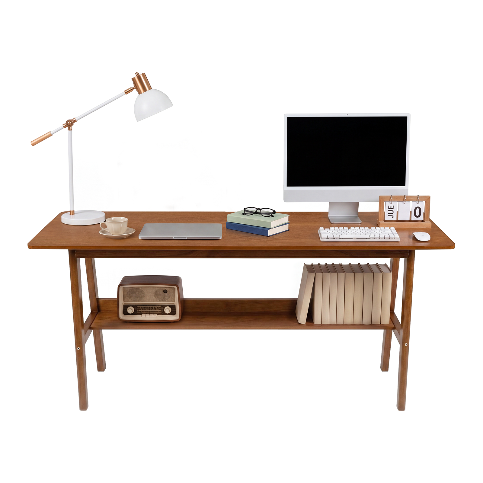 63" Simple Modern Extra Long 2 Person Computer Workstation, Mid Century Long Desk Table with Storage Shelves for Home Office Use in Walnut image 12