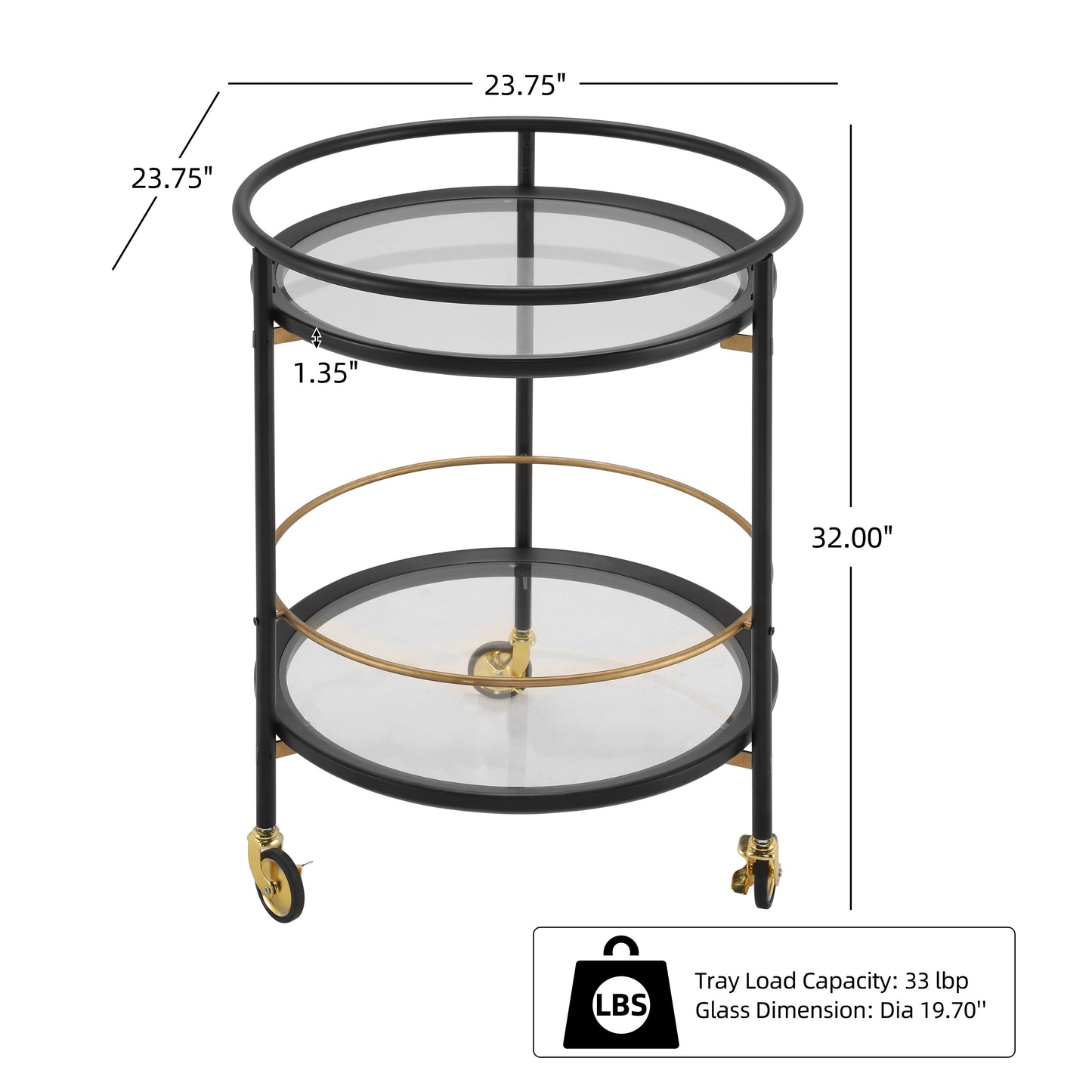 Modern Round Bar Cart with Tempered Glass Shelves and Gold Accents image 5