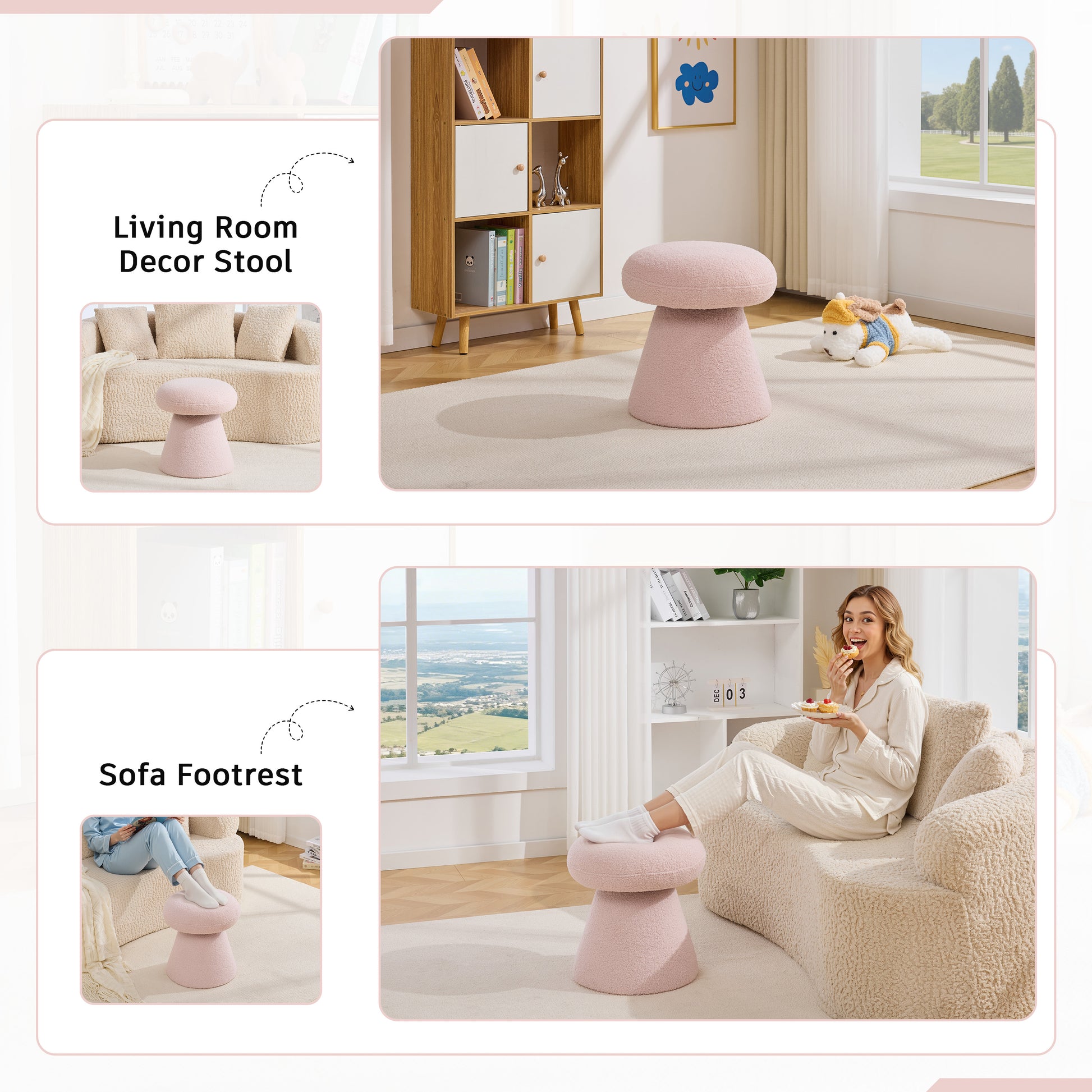 066-Teddy Fabric Soft-padded Footstool, Mushroom shaped Ottoman, Shoe-changing Stool, Makeup Stool,No Installation Required, Suitable For Bedrooms, Living Rooms, Powder Rooms Or Entrances, Pink image 5