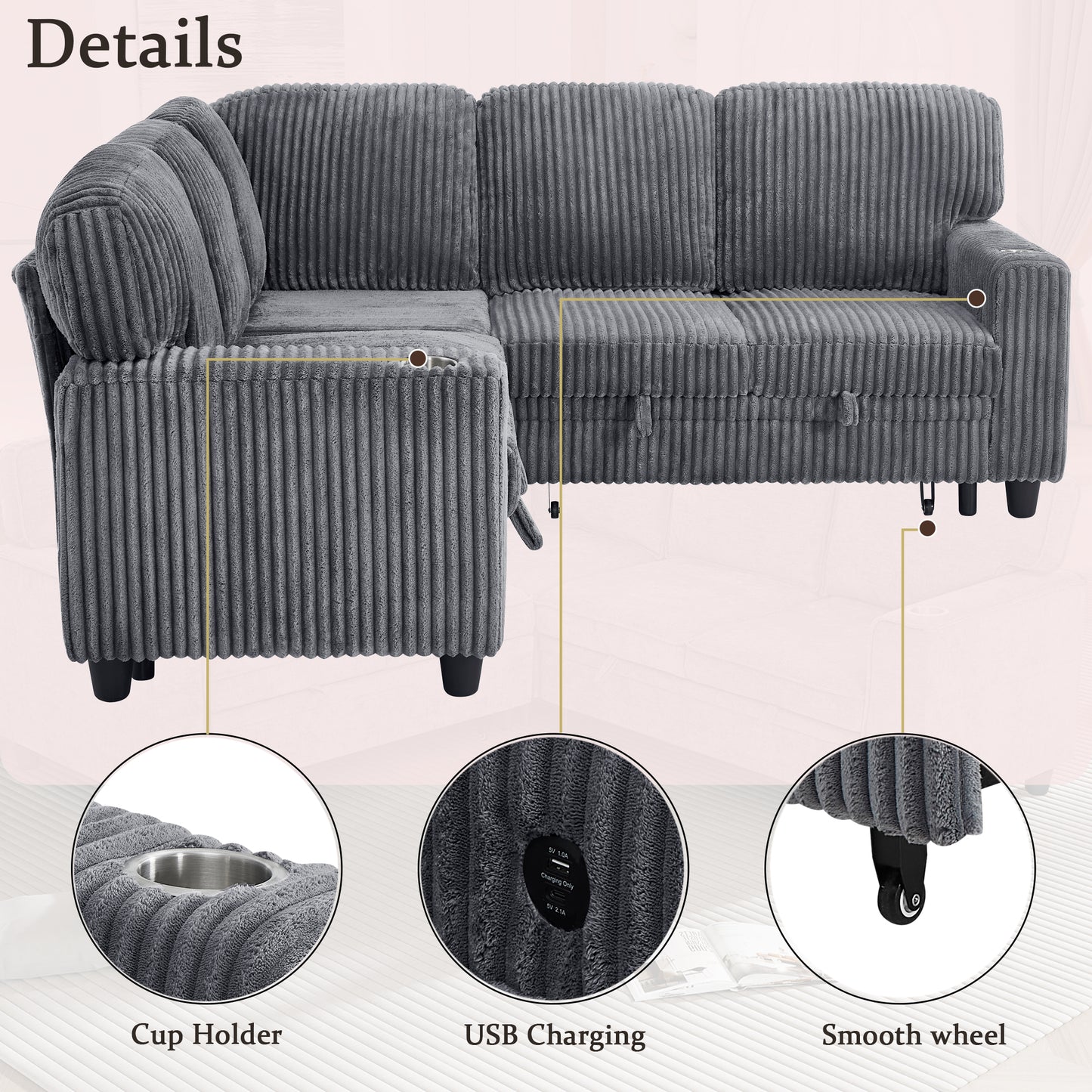 L-Shaped Sectional Sofa Bed with Pull-Out Bed & Storage, 5-Seat Sleeper Couch with USB Charging, Convertible Design for Living Room, Apartment, Corduroy Fabric, Grey image 7
