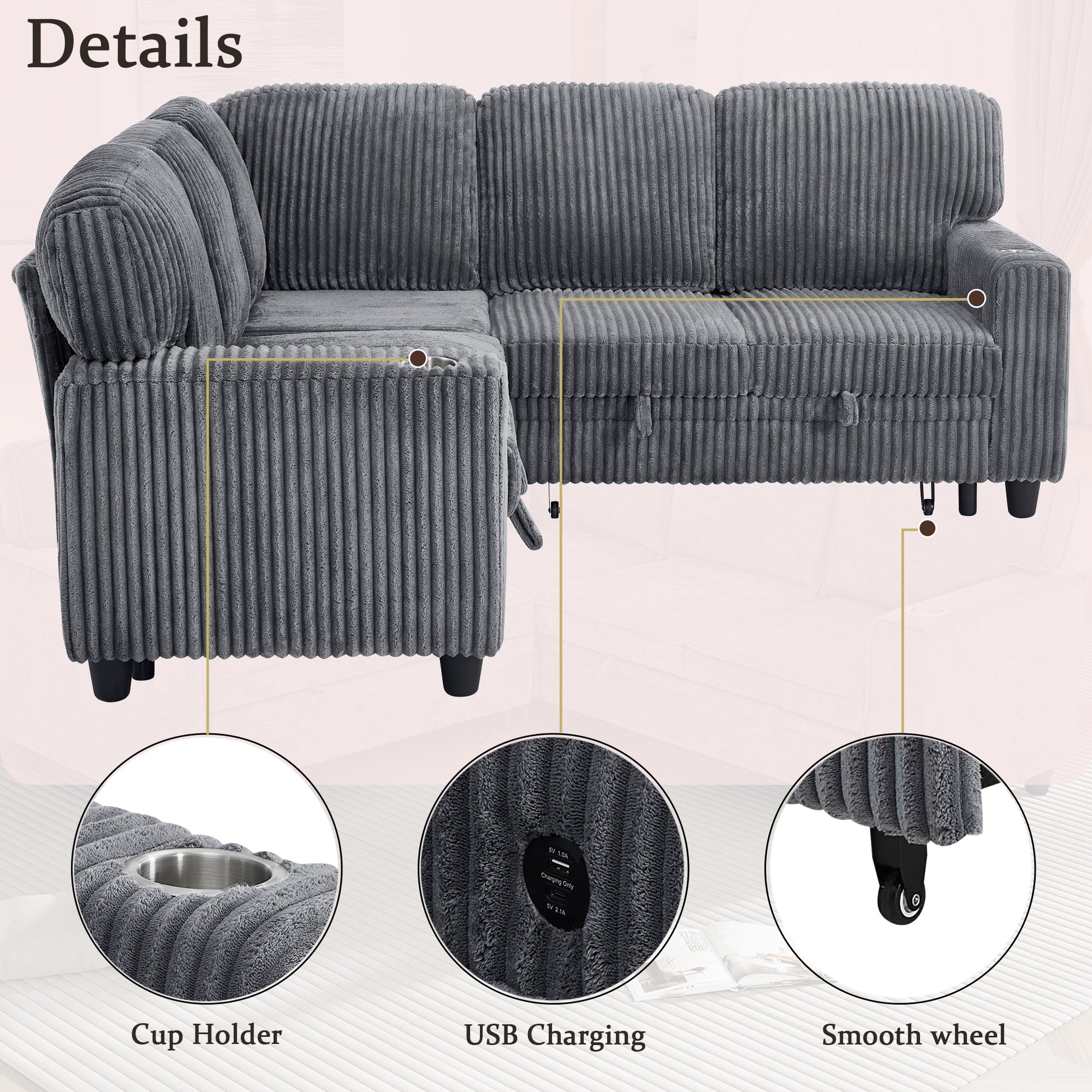 L-Shaped Sectional Sofa Bed with Pull-Out Bed & Storage, 5-Seat Sleeper Couch with USB Charging, Convertible Design for Living Room, Apartment, Corduroy Fabric, Grey image 7