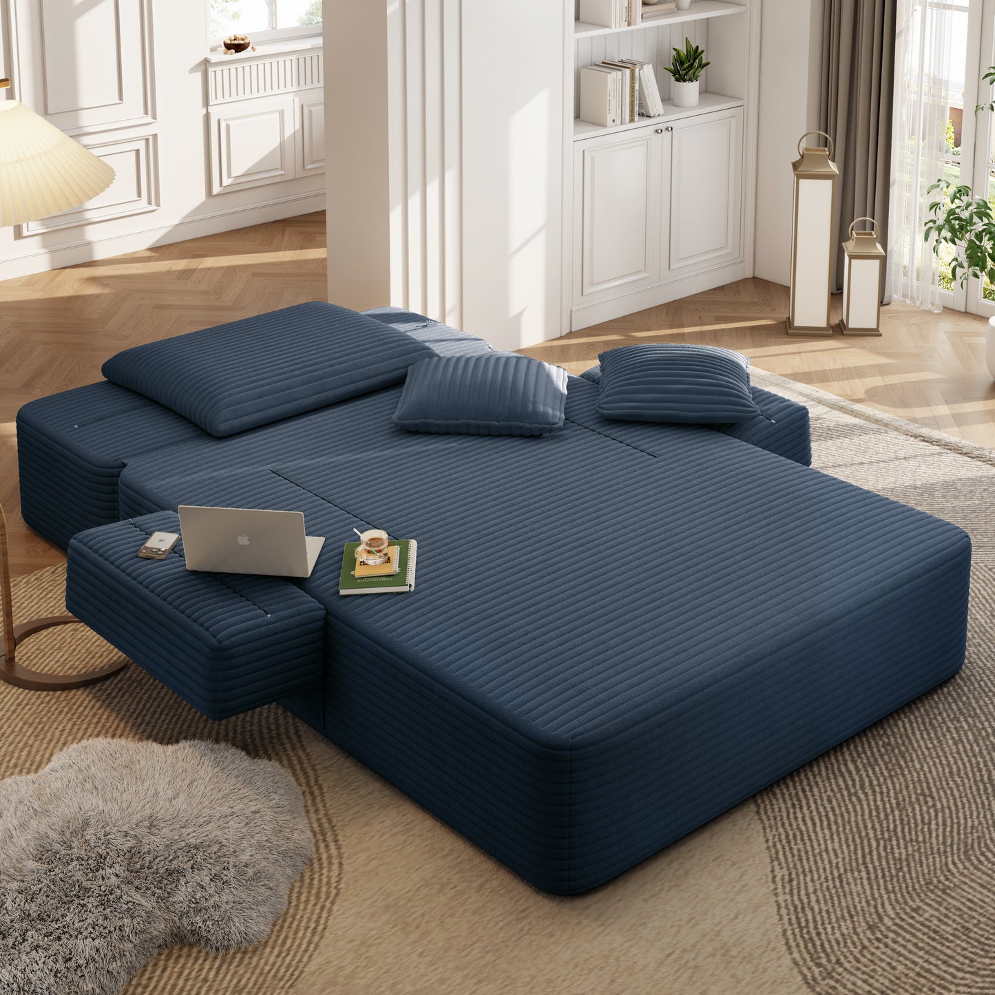 Luxurious Plush Corduroy Chaise Lounge with 3 Pillows, Convertible Sofa Bed with Storage Pocket, Frameless Design & Compression Foam for Small Spaces, Living Room, Apartment,Blue image 9