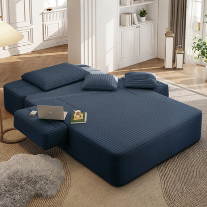 Luxurious Plush Corduroy Chaise Lounge with 3 Pillows, Convertible Sofa Bed with Storage Pocket, Frameless Design & Compression Foam for Small Spaces, Living Room, Apartment,Blue image 9