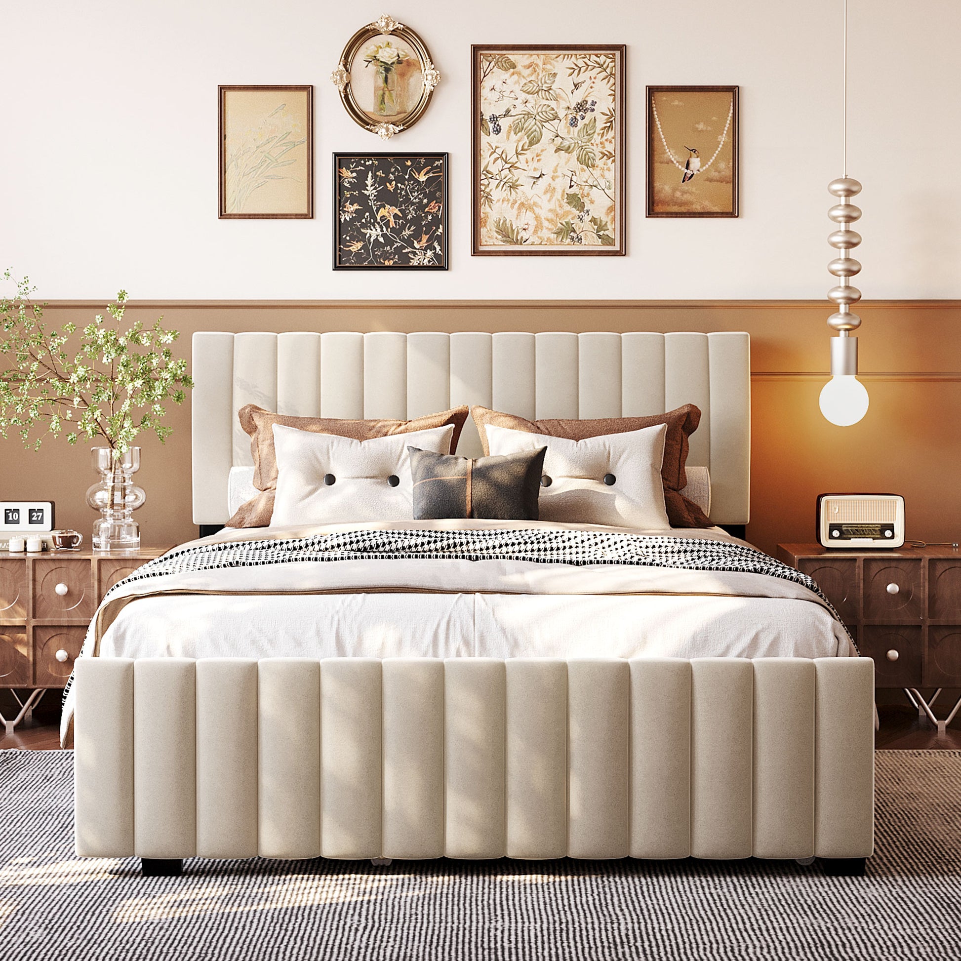 Queen Size Velvet Upholstered Platform Bed with Twin XL Size Trundle, Beige image 2