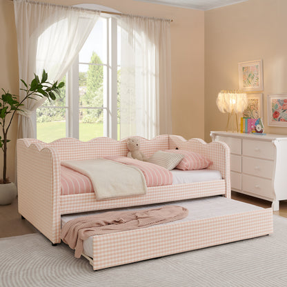 Cozy Gingham Daybed with Trundle Twin Size Sofa Bed No Box Spring Needed, with USB Port and Adorable Wave Shaped, Linen Fabric, Pink image 3