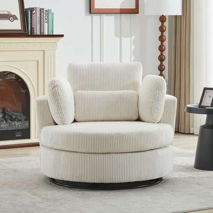 42''W Swivel Accent Chair With 2 Thorw Pillows 360 Degree Swivel Round Sofa Modern Oversized Chair Cozy Club Chair for Bedroom Living Room Lounge Hotel, Ivory Corduroy image 3