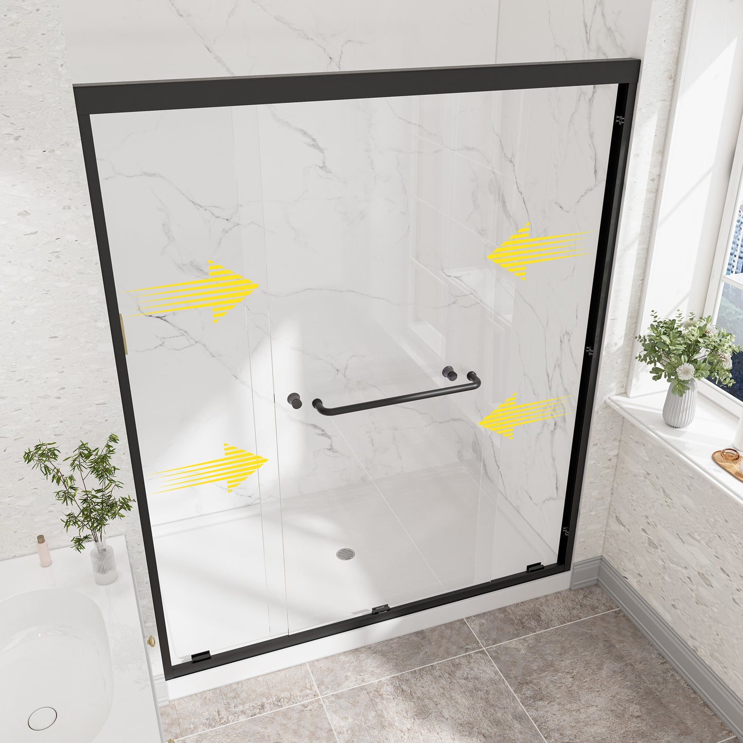 55"-60" W x 72" H Matte Black Reversible Installation Double Bypass Sliding Shower Door,Aluminium Alloy Frame,1/4"(6MM) Tempered Glass With Nano Explosion-proof Membrance,Easy Installation image 2