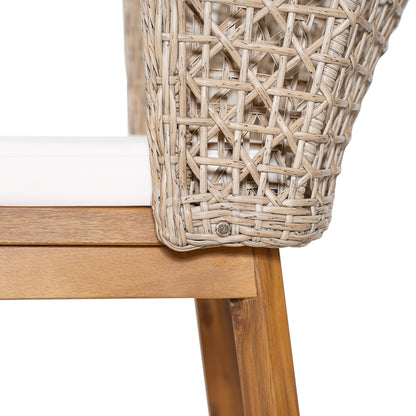 Outdoor Acacia Wood Bar Stools (Set of 2), Teak Finish Bar Height Chairs with Beige Cushion & Light Brown Wicker Back, Counter Height Stools for Patio, Poolside, Kitchen Island image 11