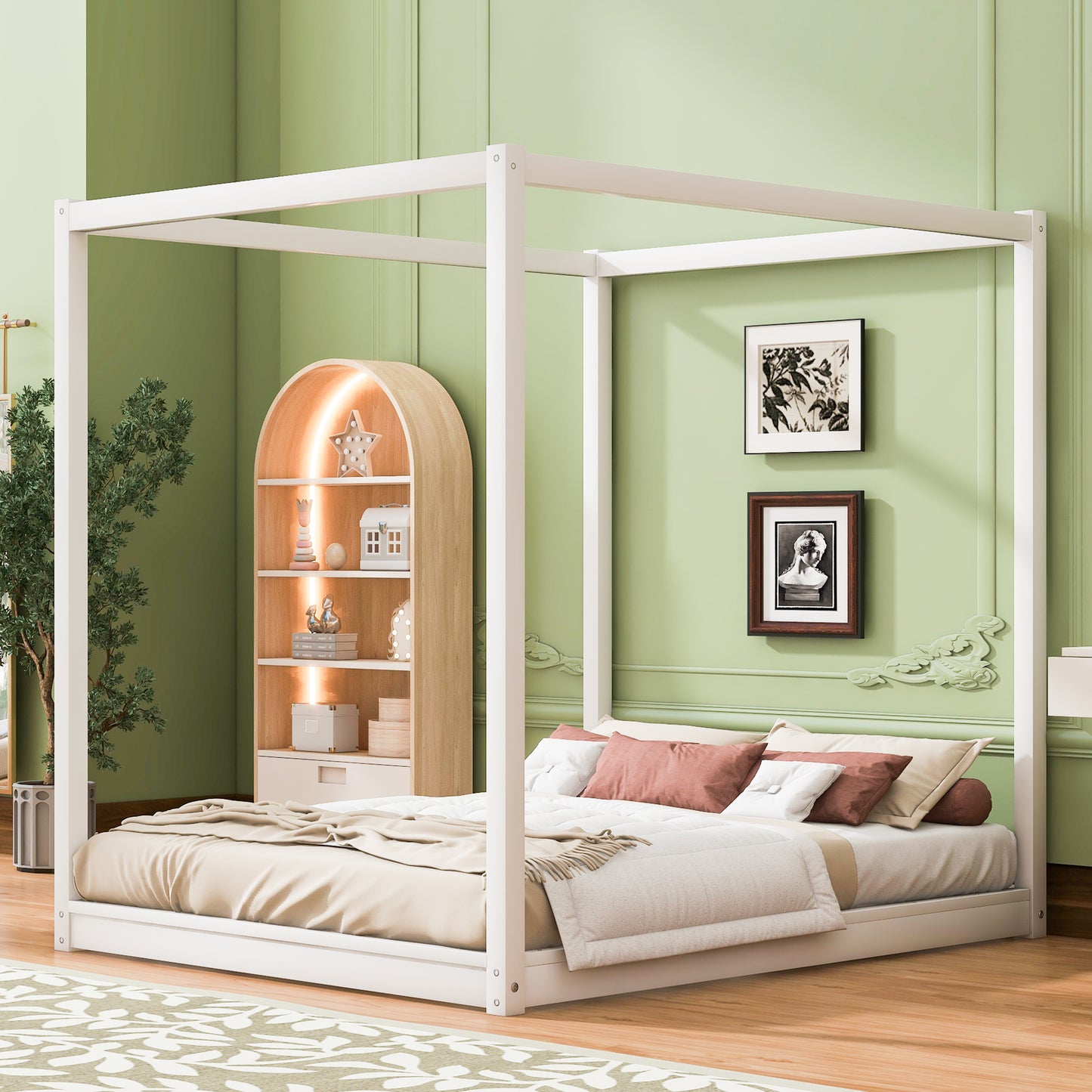Queen Size Canopy Platform Bed with Support Legs,White image 1