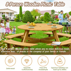 8-Person Outdoor Round Picnic Table Set with 4 Built-in Benches & Umbrella Hole - Perfect for Garden, Backyard, Porch & Patio - Natural Wood