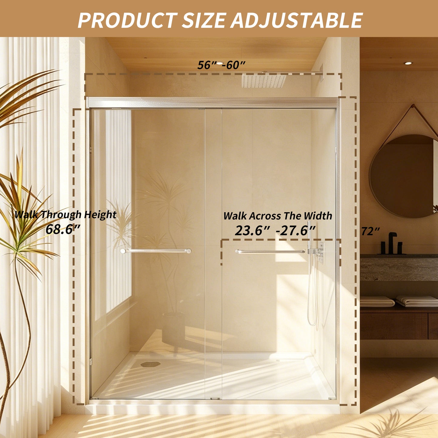 56-60 " x 72" Tempered Glass, Aluminum Frame Double Sliding Shower Door, "1/4 (6 mm), Stainless Steel handle,Brushed Nickel image 5