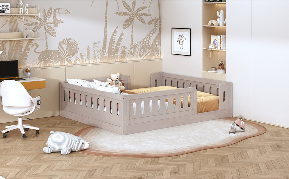Wood Full Size Platform Bed with Guardrail, Natural image 5