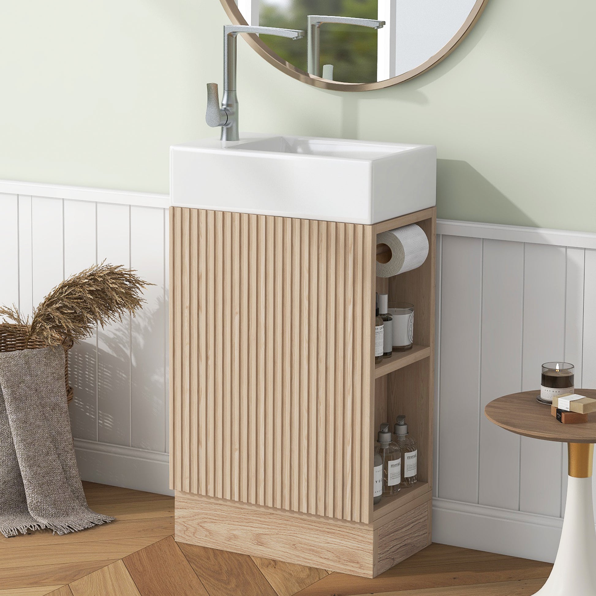 18.6" Bathroom Vanity with Sink, Bathroom Vanity Cabinet with Two-tier Shelf, Left or Right Orientation, Natural (Old Sku:WF308491AAN) image 1