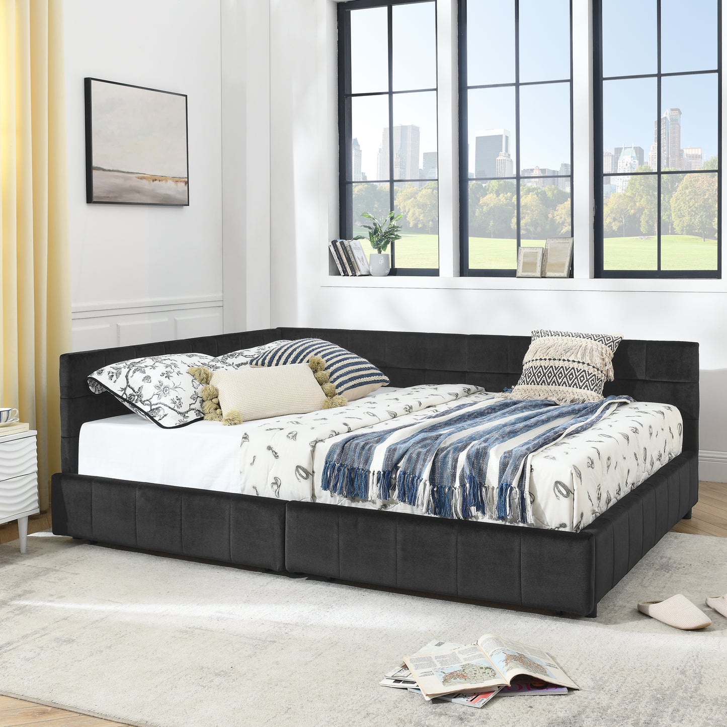 Queen Size Storage Upholstered Tufted Bed Frame, Sofa Bed Frame with Comfortable Backrest and Armrests, Queen Size Bed for Bedroom, Living Room,Velvet, BLACK(85.5''*64.5''*29.5'') image 2
