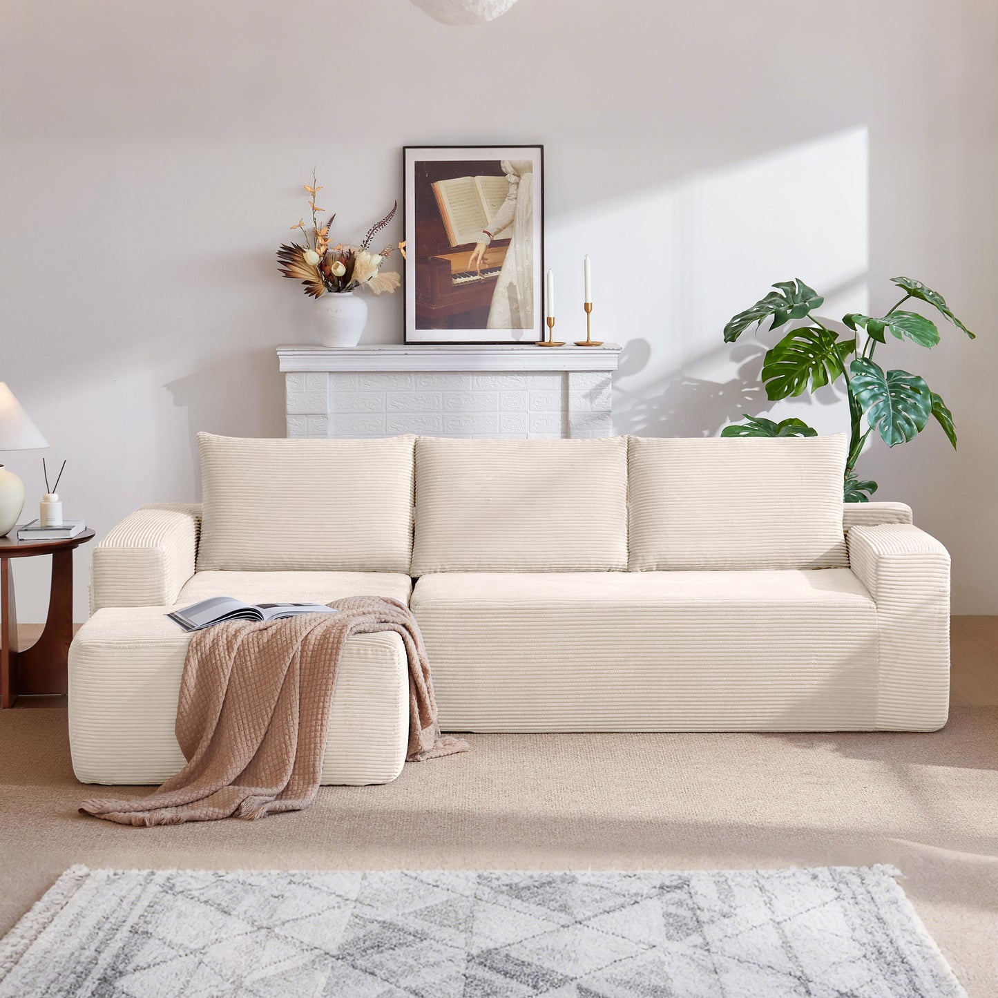 New 96.9''Cloud Sectional Couch with L-Shaped Chaise,Modern Modular Sofa with Deep Seat, Upholstered Couches for Living Room Bedroom,No Assembly Required,(Corduroy Fabric),White,Left image 2