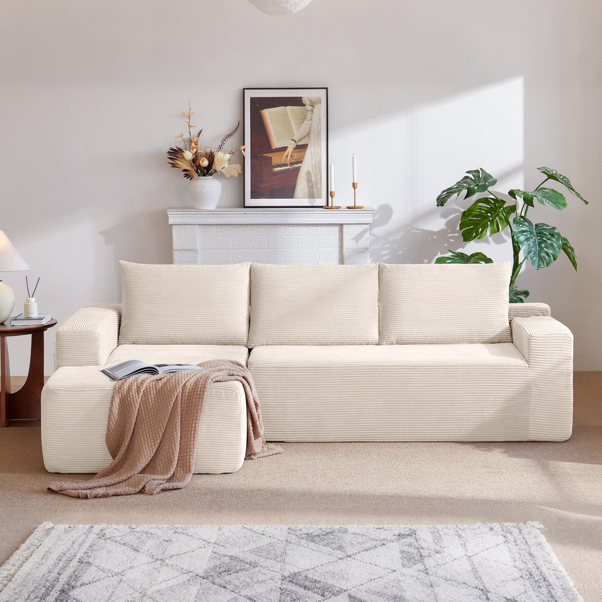New 96.9''Cloud Sectional Couch with L-Shaped Chaise,Modern Modular Sofa with Deep Seat, Upholstered Couches for Living Room Bedroom,No Assembly Required,(Corduroy Fabric),White,Left image 2
