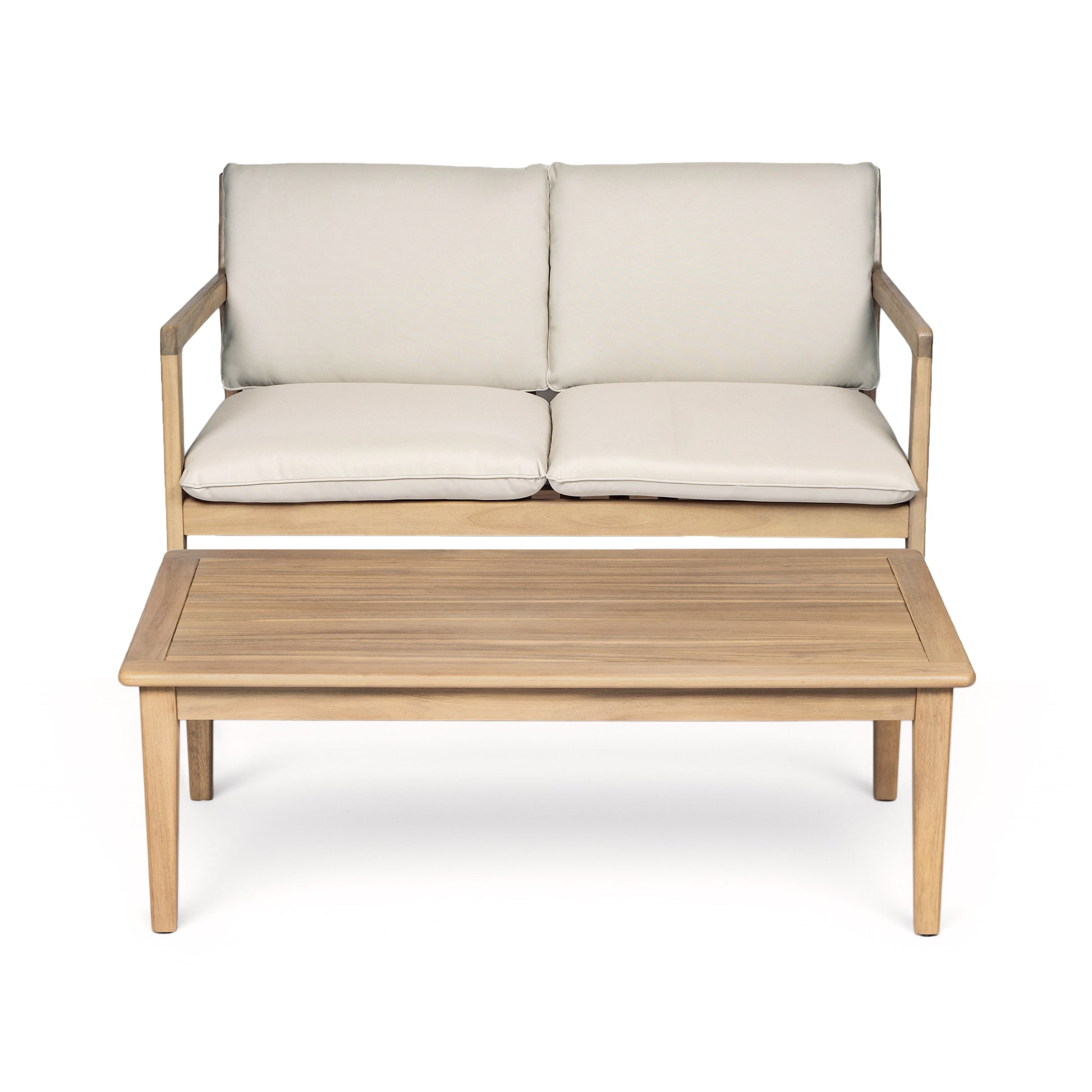 Outdoor Acacia Wood Loveseat with Coffee Table, Light Teak Frame, Beige Cushion image 1