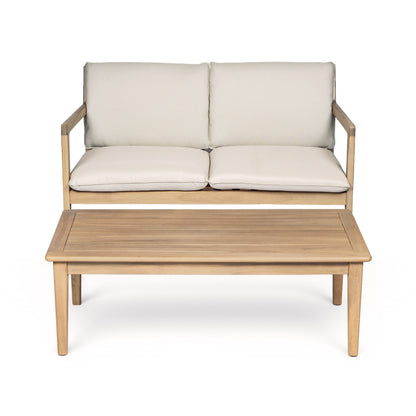 Outdoor Acacia Wood Loveseat with Coffee Table, Light Teak Frame, Beige Cushion image 1