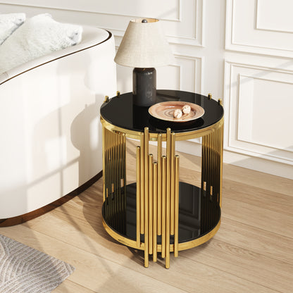 19.7" Round Glass End Table, 2-Tier Gold Side Table with Stainless Steel Legs and Black Tempered Glass, Modern Luxury End Table for Living Room Home Office image 1