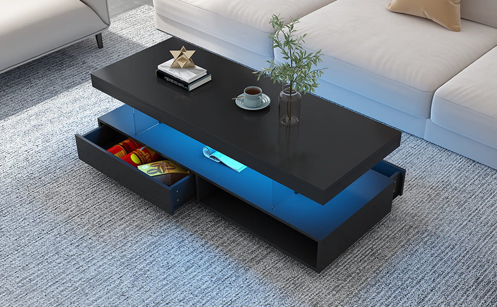 VIBE HAUS LED Coffee Table with Storage, Modern Center Table with 2 Drawers and Display Shelves, Accent Furniture with LED Lights for Living Room,Black image 8
