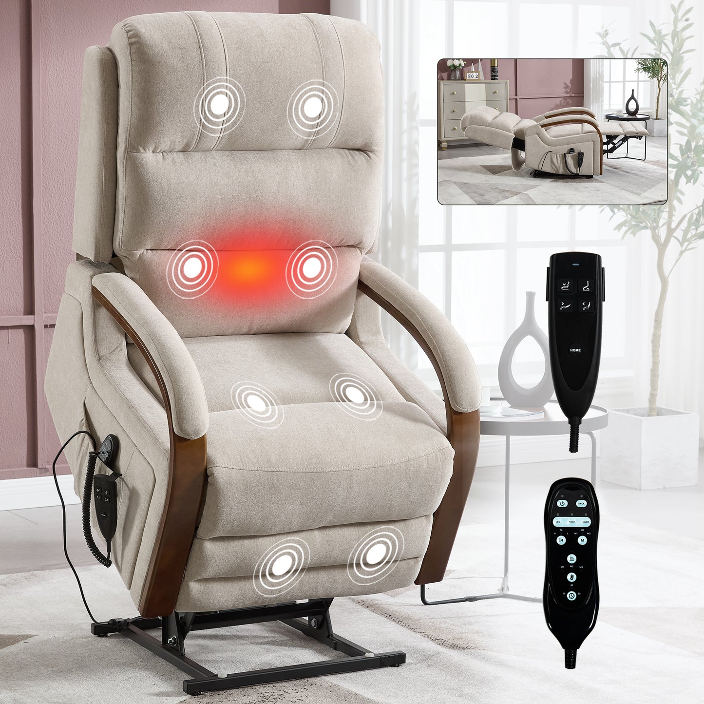 Power Beige Chenille Lift Recliner Chair Dual Motor Infinite Position Up to 350 LBS with Solid Wood Armrests, Heat Massage and Heavy Duty Motion Mechanism image 1