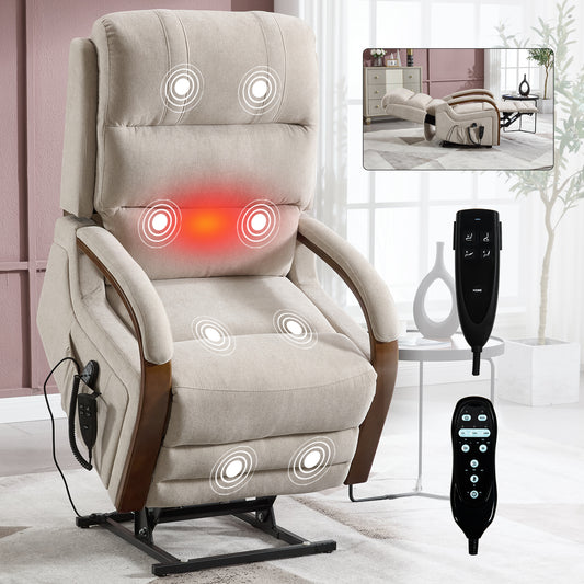 Power Beige Chenille Lift Recliner Chair Dual Motor Infinite Position Up to 350 LBS with Solid Wood Armrests, Heat Massage and Heavy Duty Motion Mechanism image 1