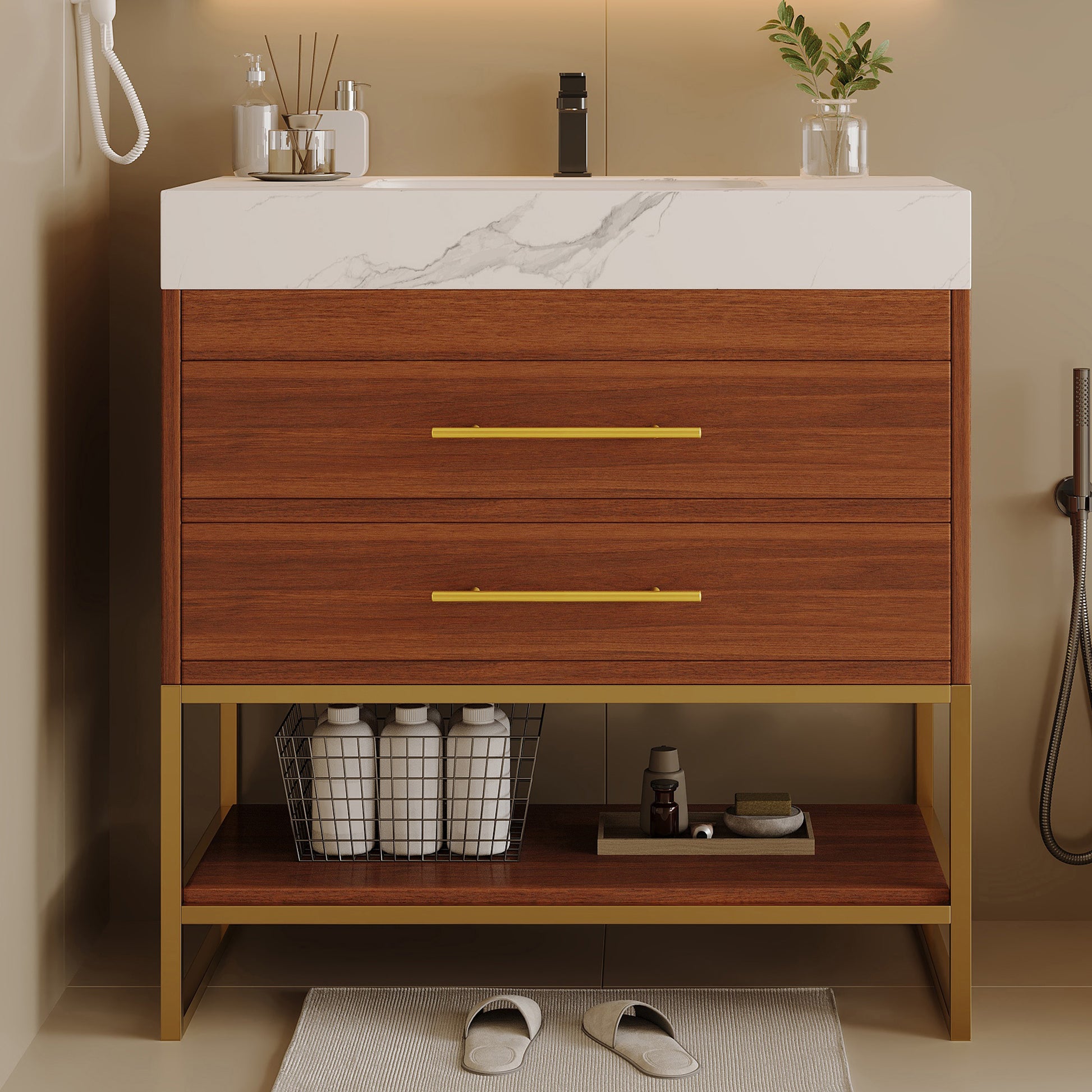 29.9" Modern Free-standing Bathroom Vanity with Sintered Stone Top Ceramic Undermount Sink & Bottom Shelf for Small Bathrooms, Apartment image 1