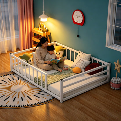 Full Size Floor Bed, Low Profile Metal Platform with Heavy Duty Guardrails, No Box Spring Needed, White image 9