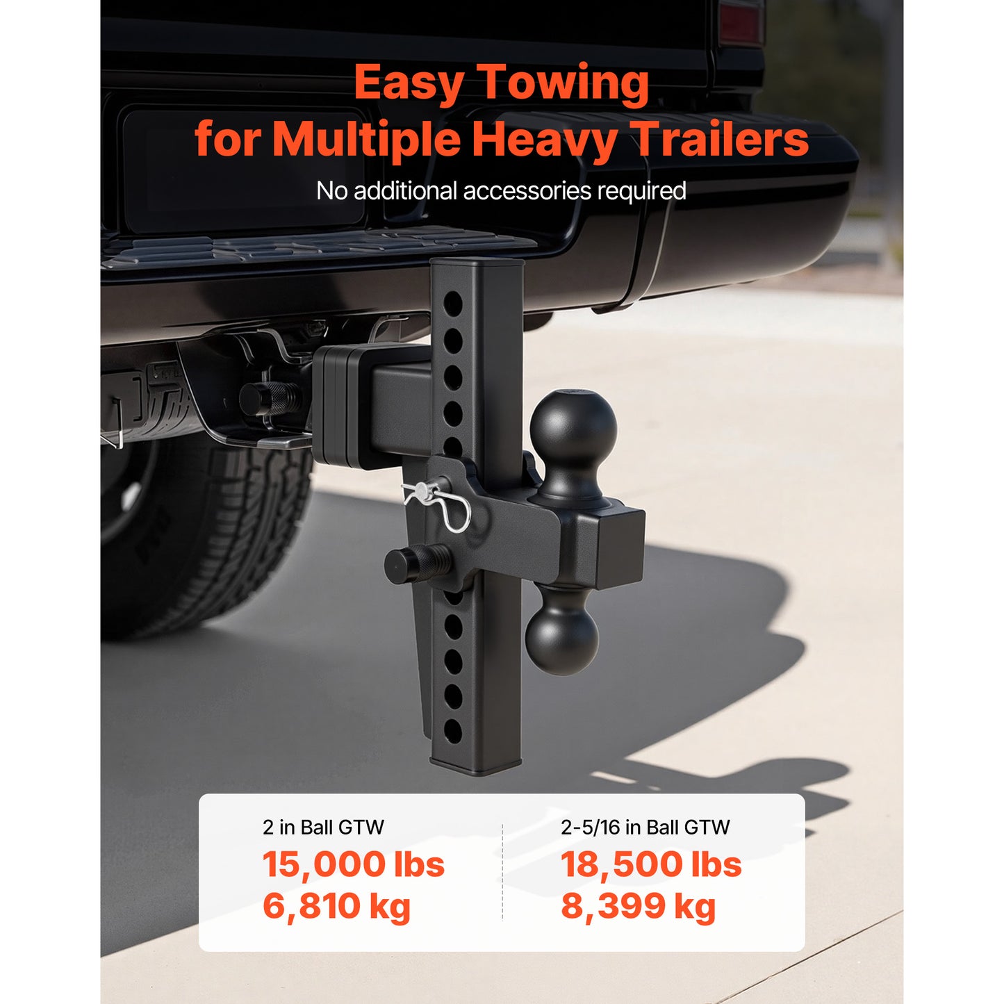 Adjustable Trailer Hitch, Fit 2.5 Inch Receiver, Trailer Hitch Mount with 2 Inch & 2-5/16 Inch Balls, 18500 lbs GTW, 10 Inch Drop, Towing Ball Mounts for RVs, Off-Road Vehicles and Trucks, Black image 4