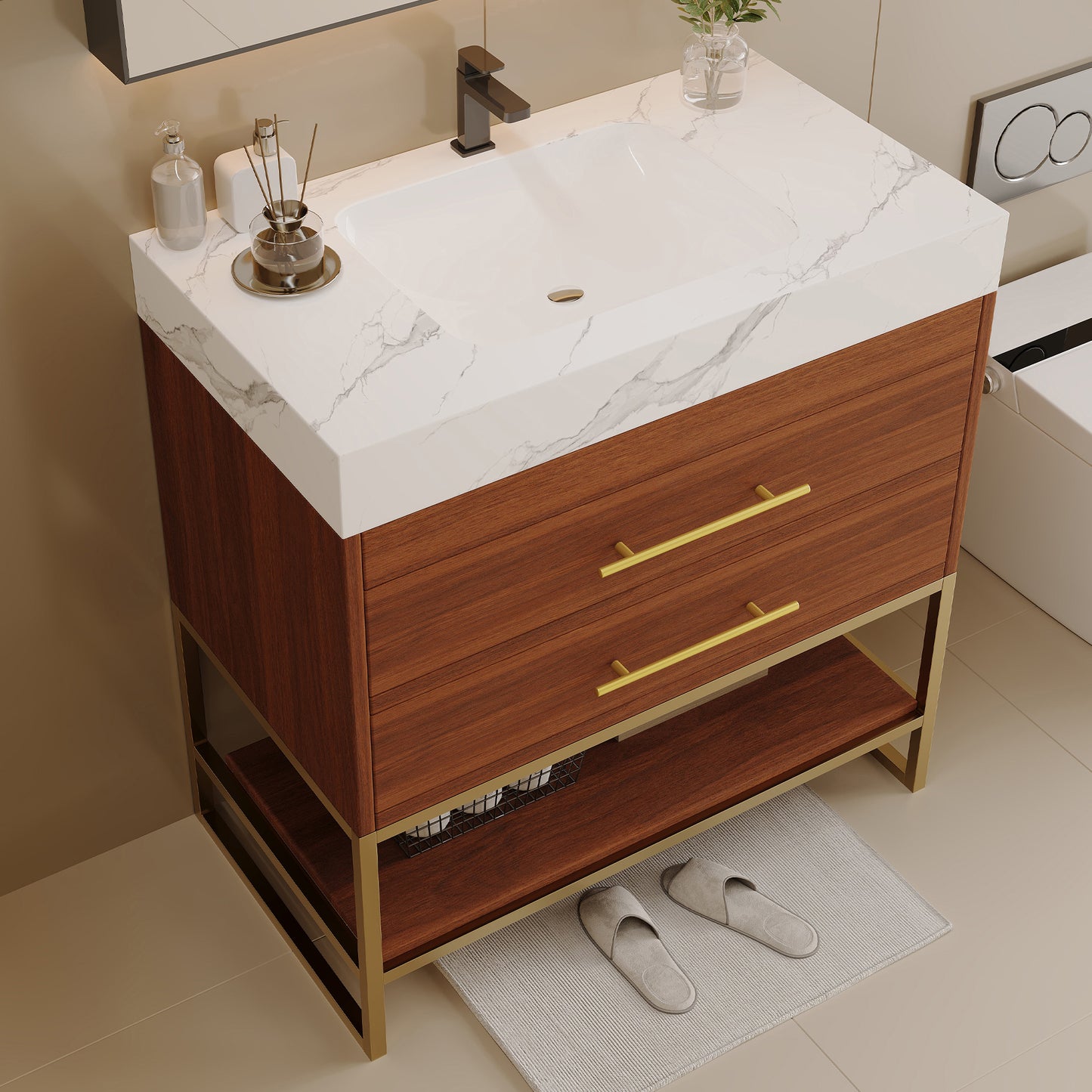 29.9" Modern Free-standing Bathroom Vanity with Sintered Stone Top Ceramic Undermount Sink & Bottom Shelf for Small Bathrooms, Apartment image 4