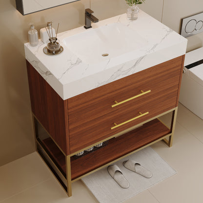 29.9" Modern Free-standing Bathroom Vanity with Sintered Stone Top Ceramic Undermount Sink & Bottom Shelf for Small Bathrooms, Apartment image 4