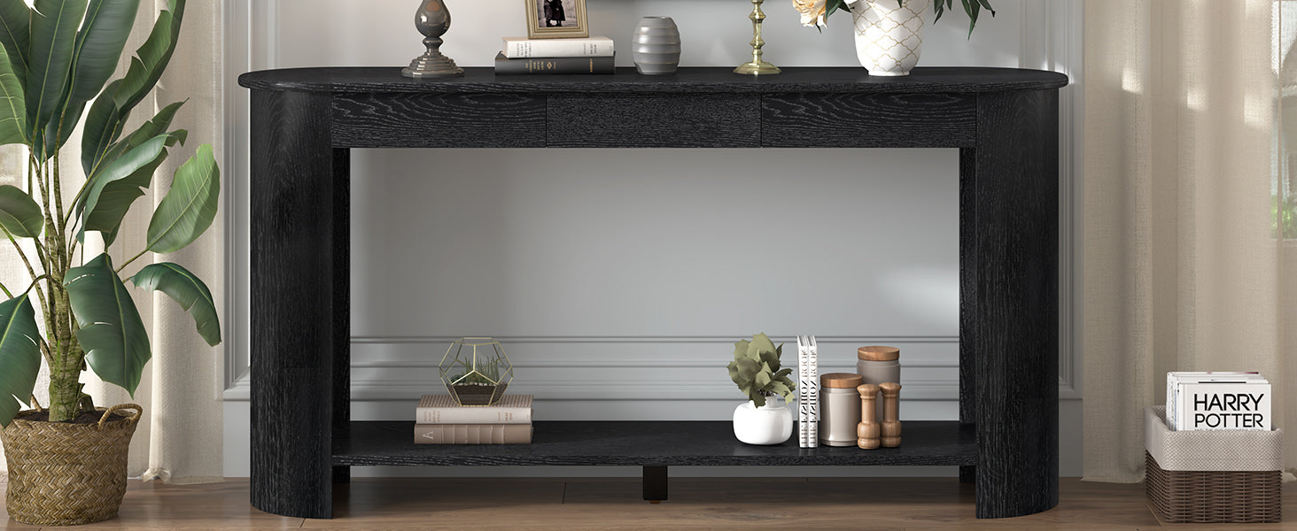 U_Style 59.8'' Modern Oak Veneer Console Table with 3 Drawers,Farmhouse Entryway Table with Shelf,Wood Sofa Table with Semi-Circular Design, Suitable for Living Room,Hallway,Entryway, Foyer, Corridor image 4