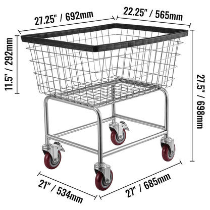 Wire Laundry Cart, 2.5 Bushel Wire Laundry Basket with Wheels, 21''x27''x27.5'' Commercial Wire Laundry Basket Cart, Steel Frame with Chrome Finish, 4inch Casters, Wire Basket Cart For Laundry image 6