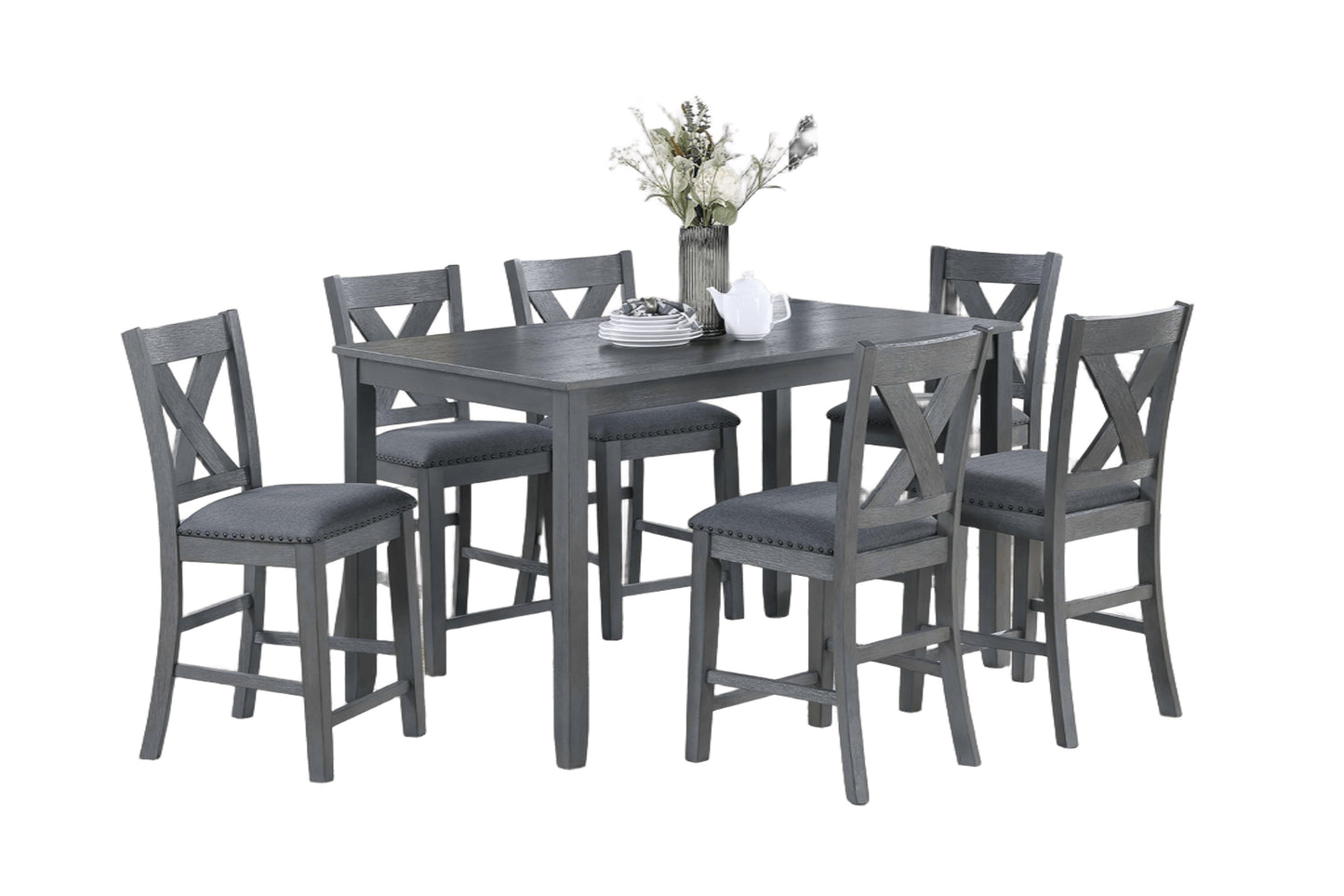 Modern Style Gray Dining Table 6x Chairs 7pcs Counter Height Set Cushion Seat Nailhead X-Cross Back Chairs Dining Room Furniture image 2