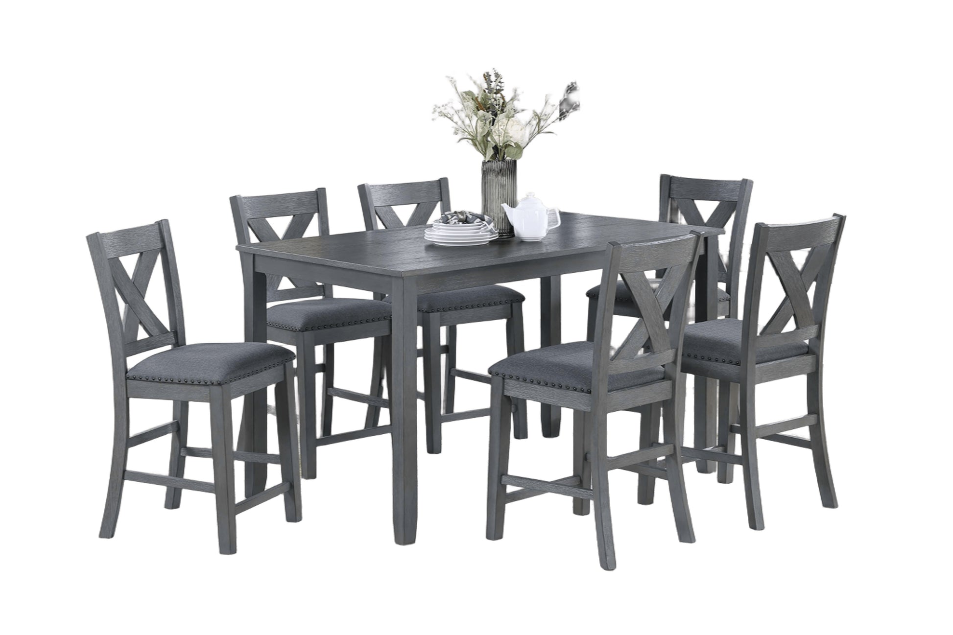 Modern Style Gray Dining Table 6x Chairs 7pcs Counter Height Set Cushion Seat Nailhead X-Cross Back Chairs Dining Room Furniture image 2