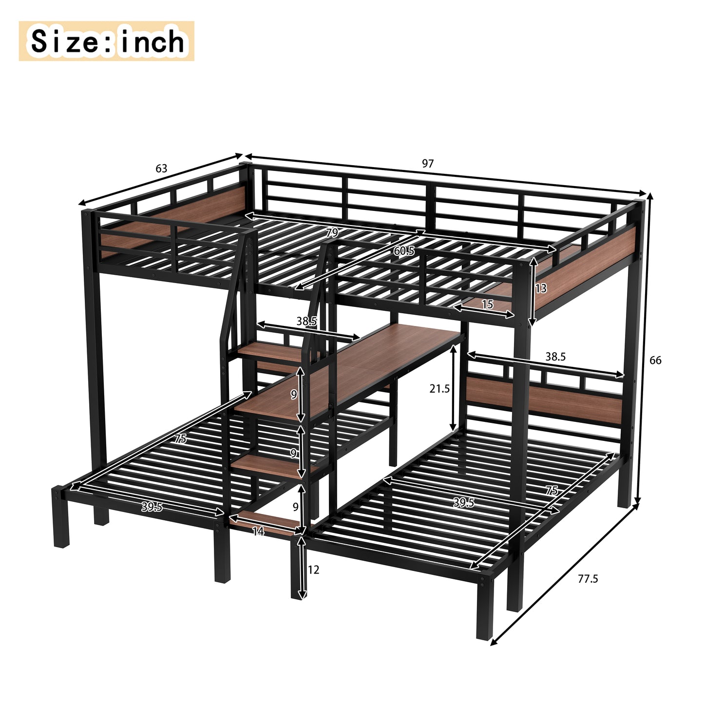 Queen over Twin over Twin Metal Bunk Bed,triple metal bunk bed with Storage shelves and storage stairs,Black image 4