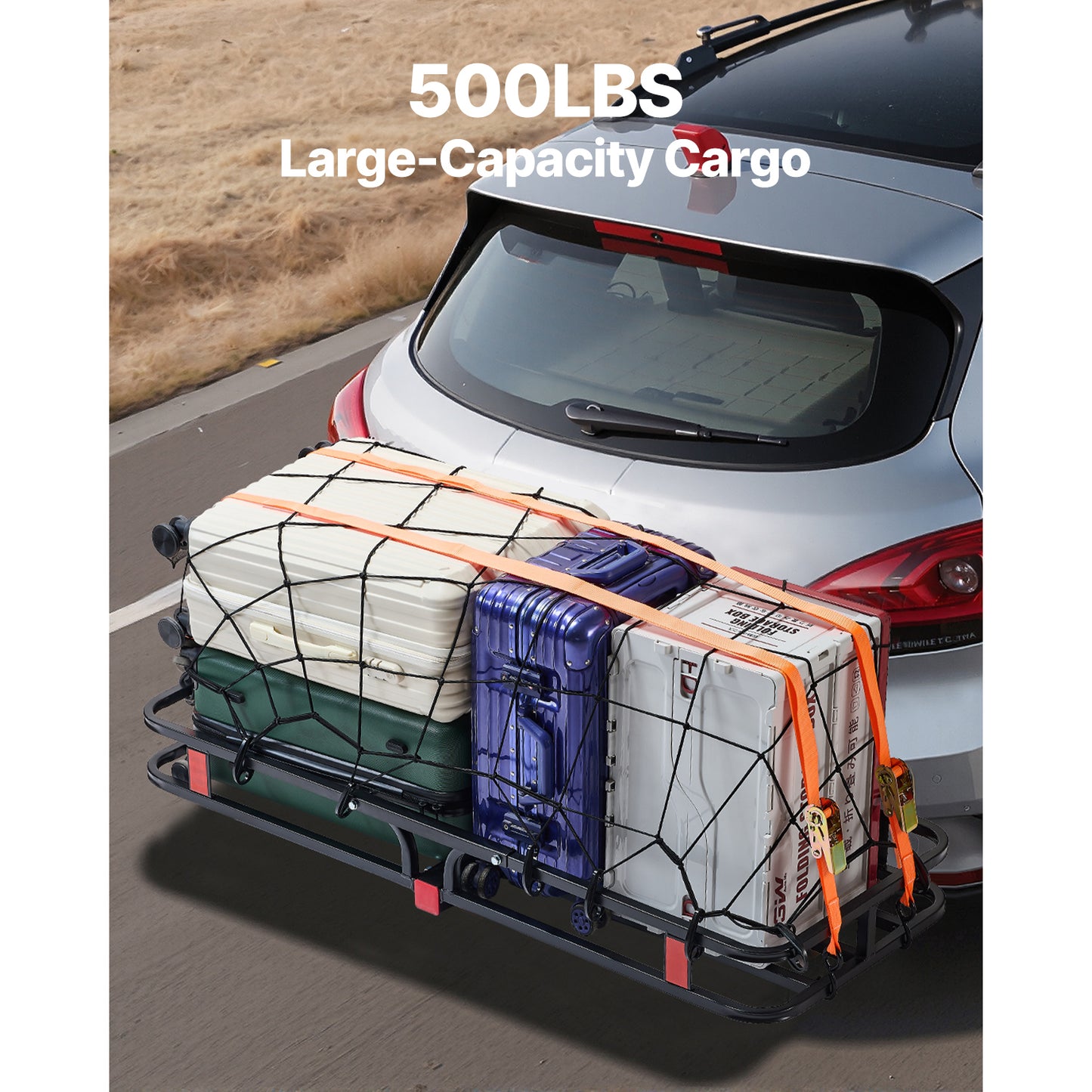 53" x 19" x 5", Hitch Cargo Carrier, 500 lbs Capacity Hitch Cargo Carrier with Hitch Stabilizer & Ratchet Straps, Hitch Mount Cargo Carrier with Cargo Net with Hook, Fit for SUVs image 5