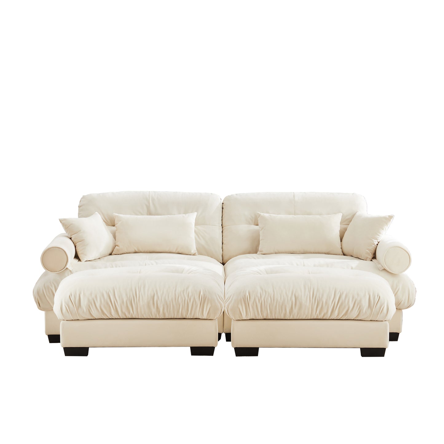 Over Size Modern Two-seater Sofa with Ottoman, Velvet 2-Seater with Round Bolster Armrests,With Waist Pillow and Throw Pillows,Reading Room, Loft and Bedroom,Cream image 12
