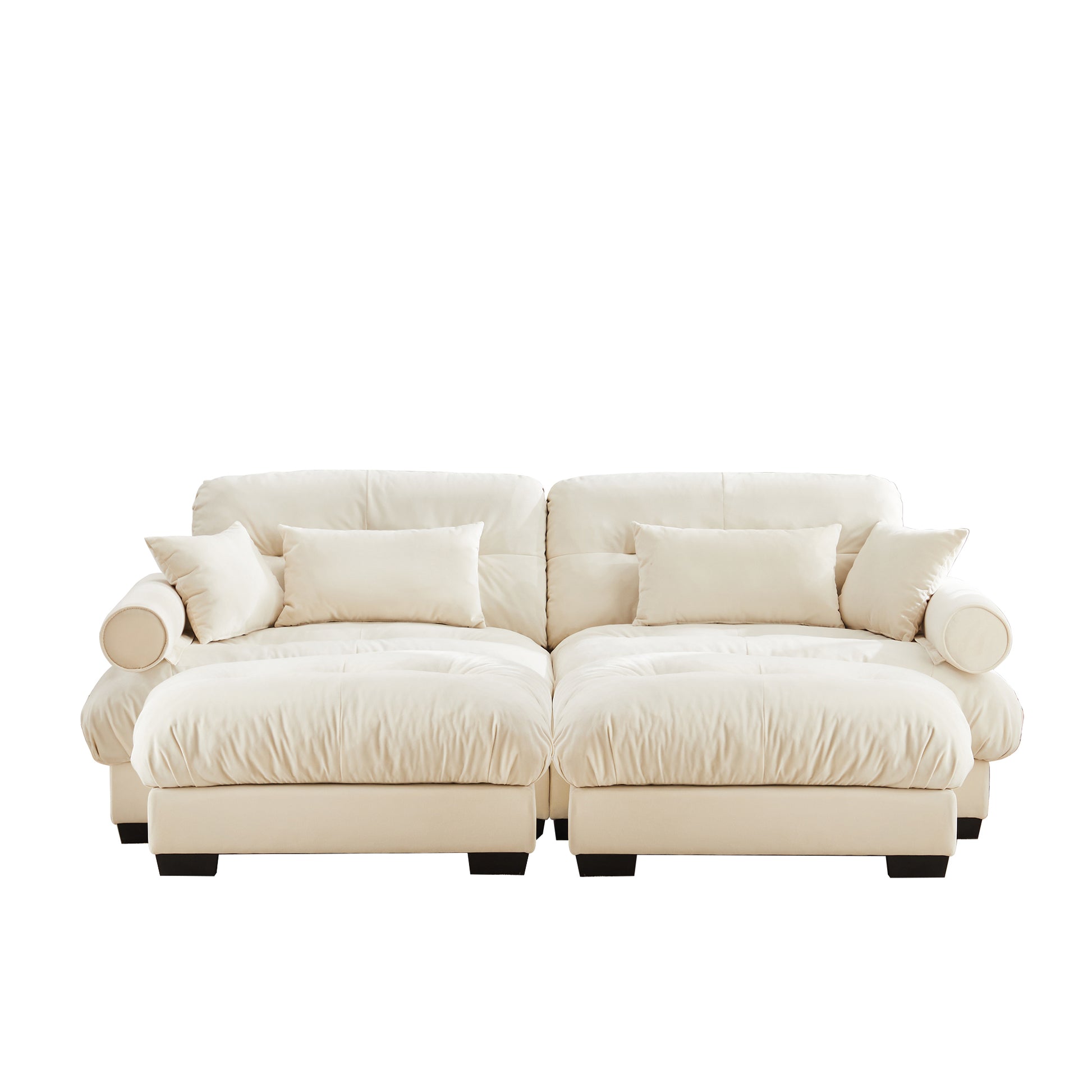 Over Size Modern Two-seater Sofa with Ottoman, Velvet 2-Seater with Round Bolster Armrests,With Waist Pillow and Throw Pillows,Reading Room, Loft and Bedroom,Cream image 12