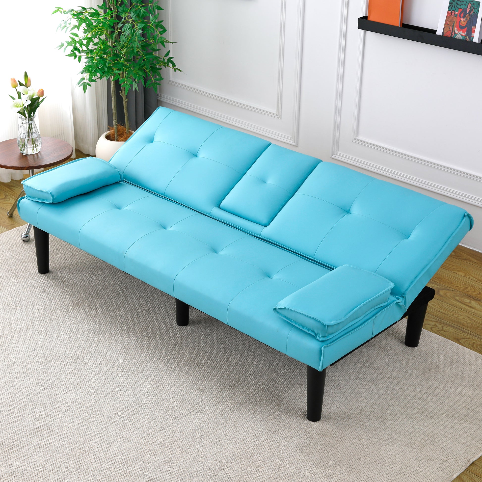 The 67-inch blue PVC multi-functional sofa bed, with a foldable and cup holder design, makes it extremely convenient to turn the living room into a guest room image 9