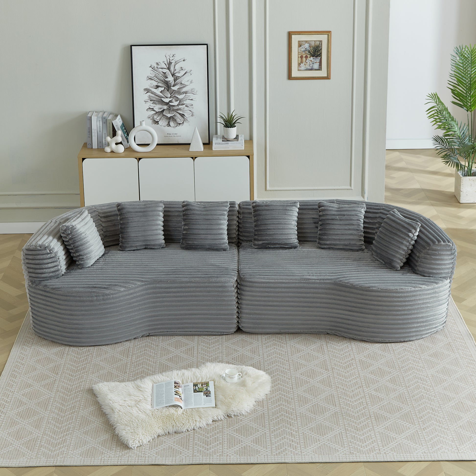 Curved Sectional Sofa, 111.5-inch Oversized Modern Bone-Free Cloud Sofa with 6 Pillows Luxury Corduroy Four-Seater Memory Foam Sofa with Deep Seat Design,grey W3505P355587 image 10
