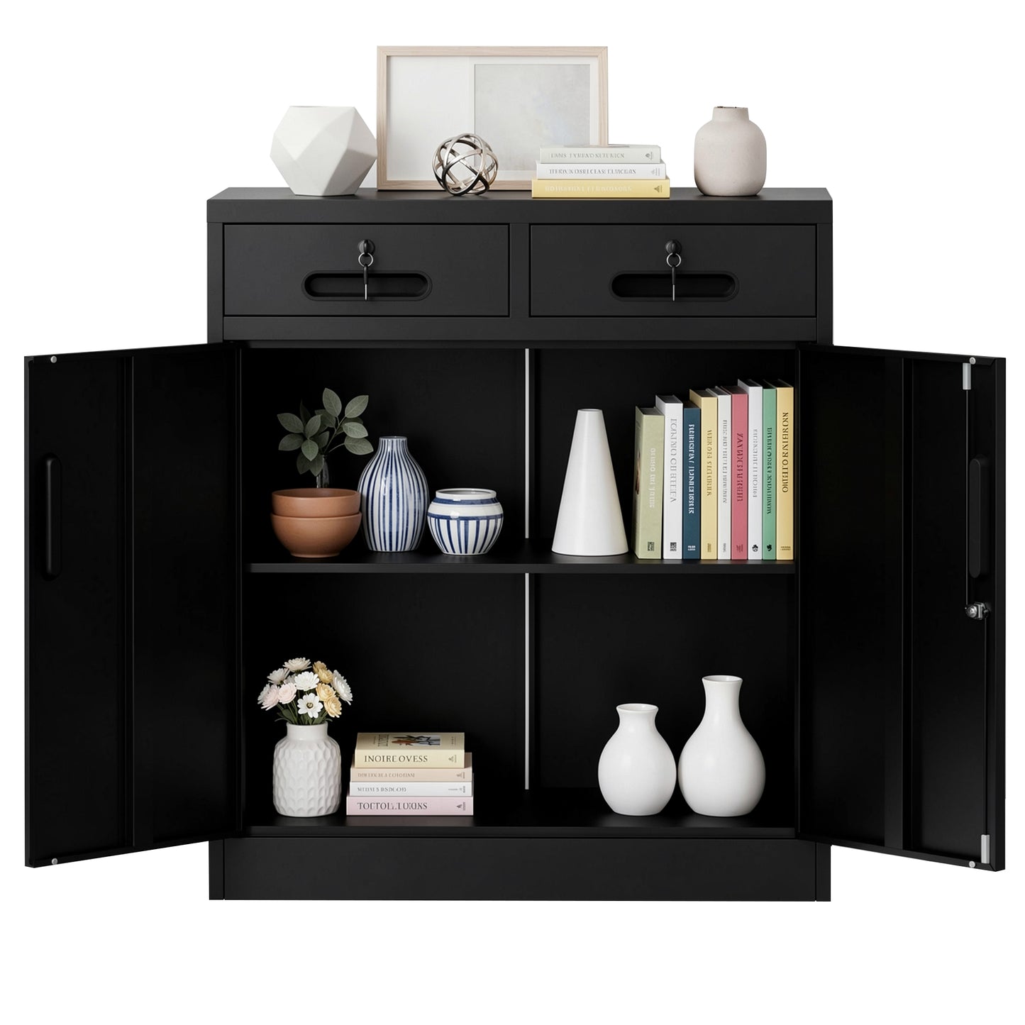 Metal Storage Cabinet with Lock and Two Drawers, 2-Door Office Storage Cabinet with 1 Adjustable Shelves, Heavy Duty Steel File Cabinet for Home, Office, Garage, School (Black, 35.5"H) image 8
