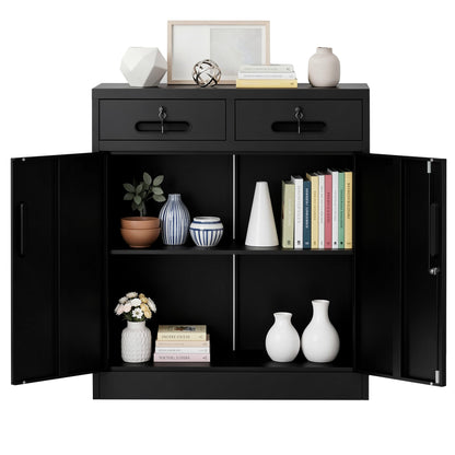 Metal Storage Cabinet with Lock and Two Drawers, 2-Door Office Storage Cabinet with 1 Adjustable Shelves, Heavy Duty Steel File Cabinet for Home, Office, Garage, School (Black, 35.5"H) image 8