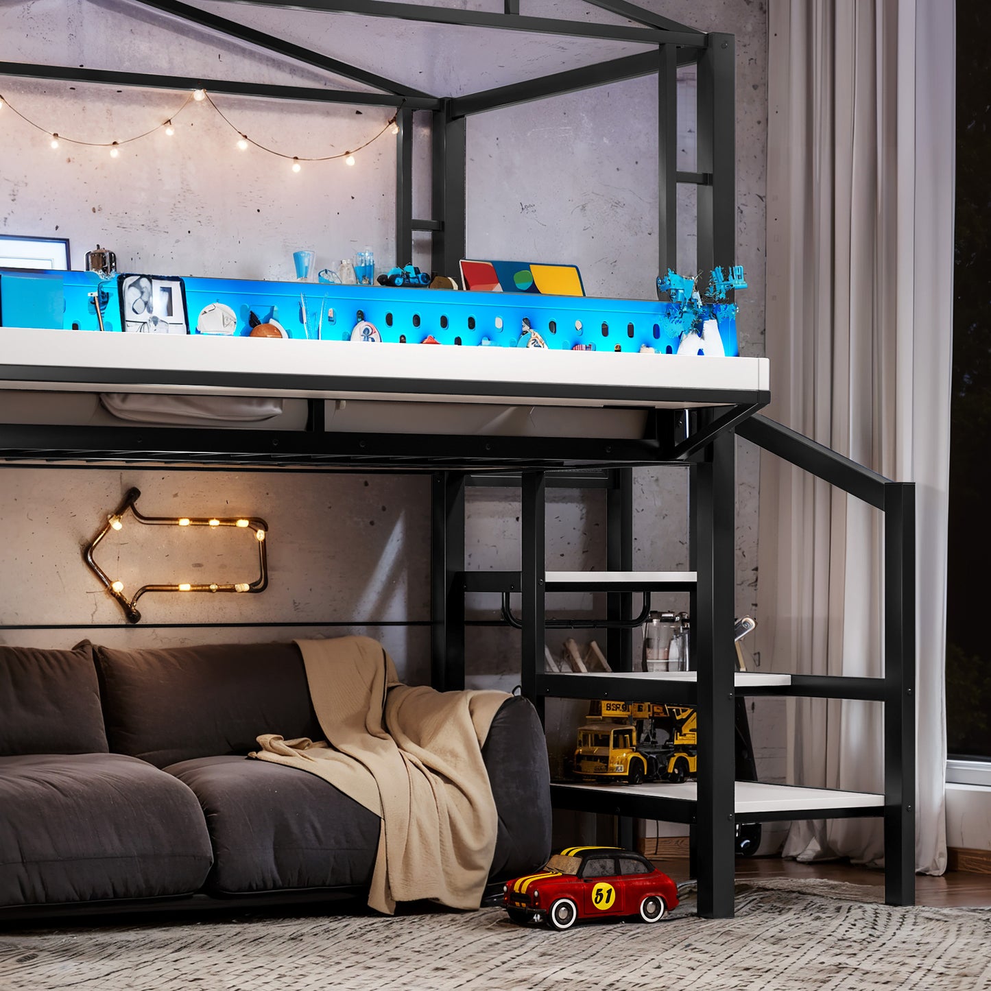Twin Size Loft Bed with Storage Stairs, Shelves and Built-in Wardrobe, Metal Loft Bed Frame with USB Ports and LED Lights, Noise-reduced Design, Black image 8