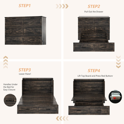 Queen Murphy Bed with Charging Station,Farmhouse Murphy Cabinet Bed with Large Storage Drawer,Hideaway Foldable Platform Bed for Guest Bedroom, Living Room, Office,Small Room,Pull out Bed,Rustic Grey image 10