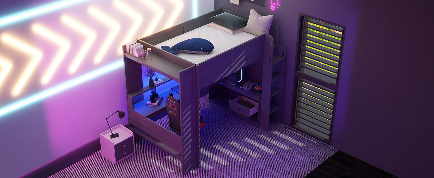 Wood Full Size Gaming Loft Bed with Desk, Multi-storage Shelves, LED and Charging Station, Dark Gray(Old SKU:SM000374AAE) image 10
