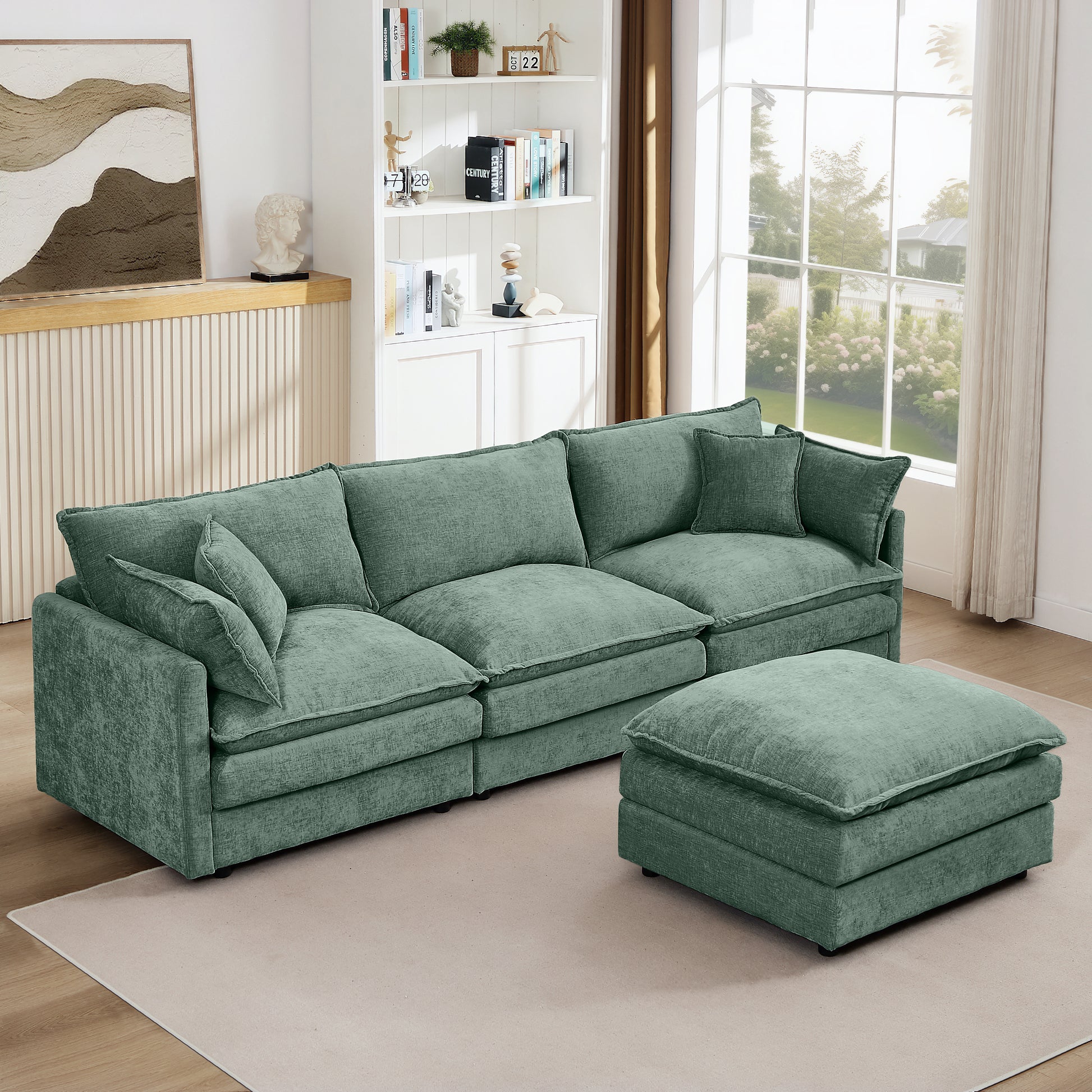 Modular Sectional Sofa, 102 Inch L Shaped Couch Set for Living Room, 3-Seater Comfy Cloud Couches with Movable Ottoman, DIY Combination, Chenille, Mint Green image 3